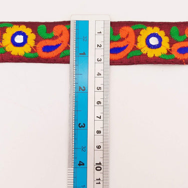 Deep Red Floral Mirrored Trim With Yellow Flowers And Orange Paisley Embroidery, Decorative Trimming, Trim By 3 Yards